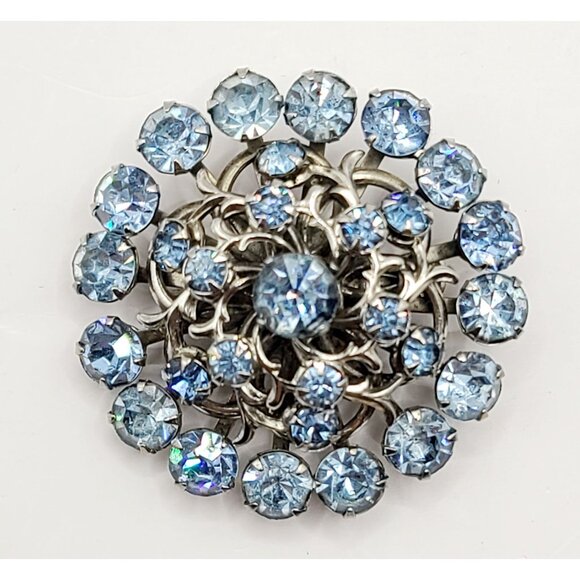 Vintage Blue Rhinestone Cluster Brooch Pin - Sparkly Mid-Century Jewelry Piece - Picture 1 of 8